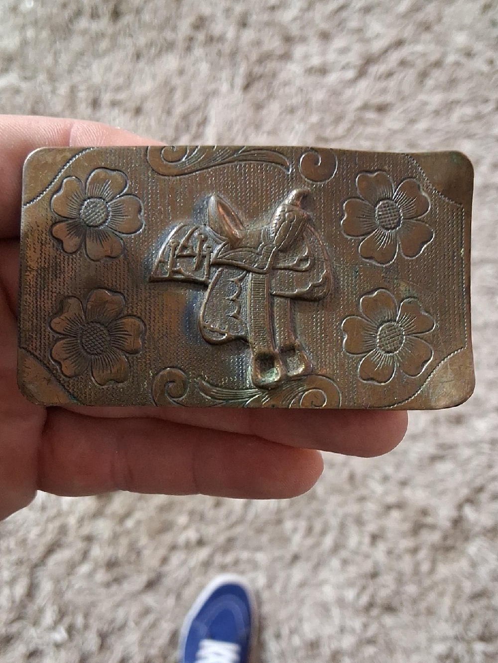 Floral Embossed Brass Trinket Box with Saddle Motif - Brass Tone